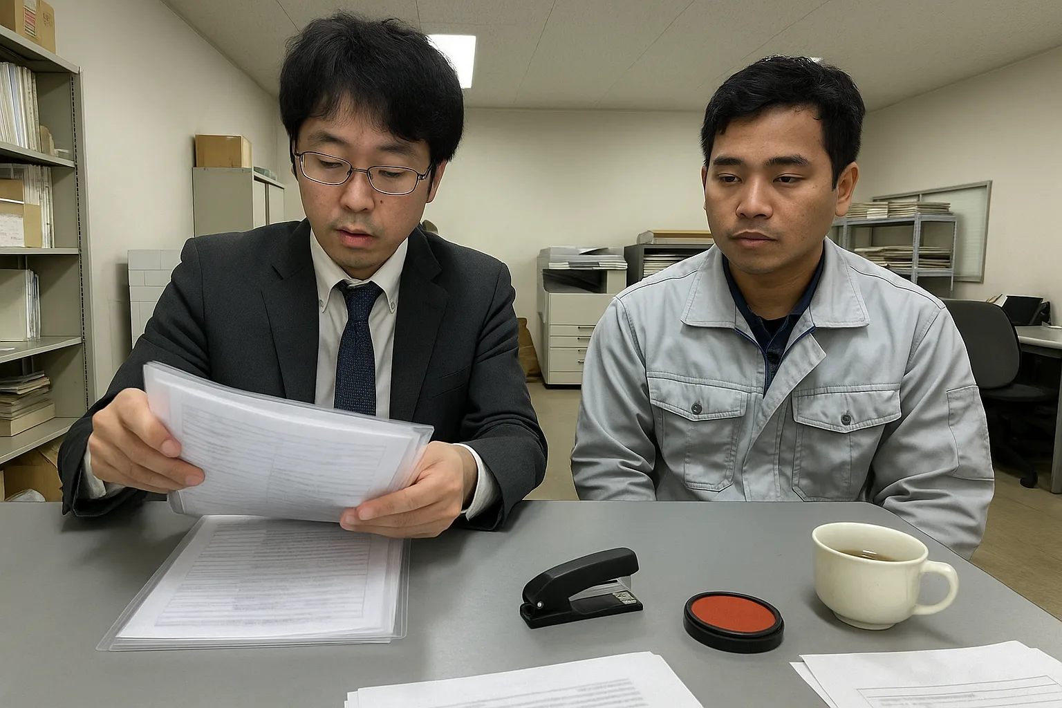 事務所の机で、人事担当の女性と作業着の男性が、書類をクリアファイルにそろえている