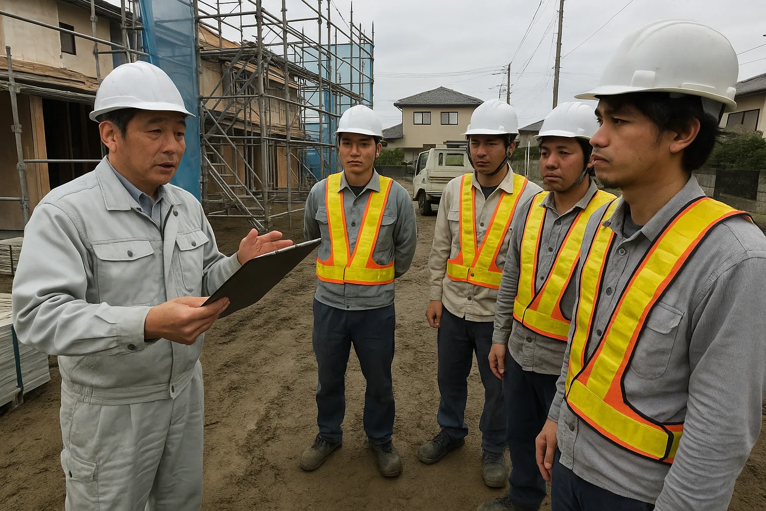 建設会社の事務所で、日本人の現場監督と外国人の社員が並んで座り、予定表を見ながら話している
