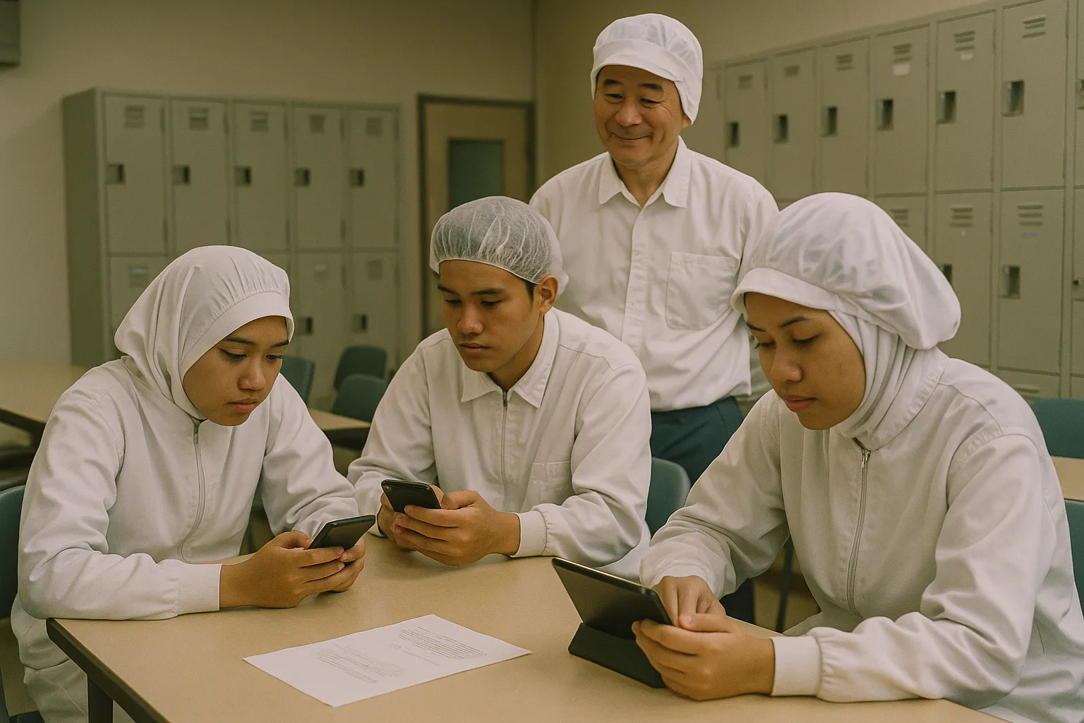 食品工場の休憩室で、白い作業着の社員3人がスマートフォンとタブレットで学び、年配の社員がそれを見守っている