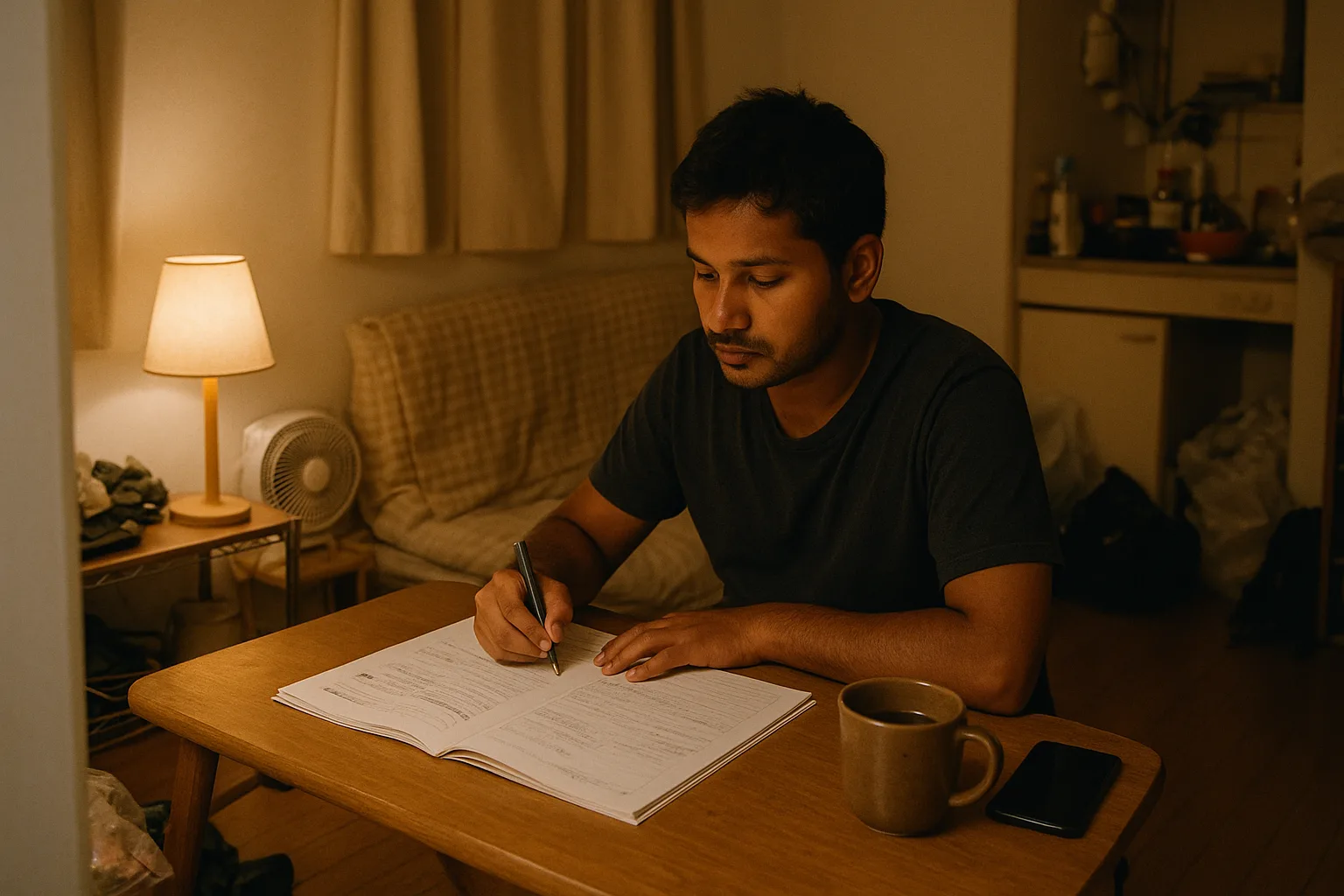 夜のアパートの部屋で、男性が低い机に問題集とノートを広げて勉強している