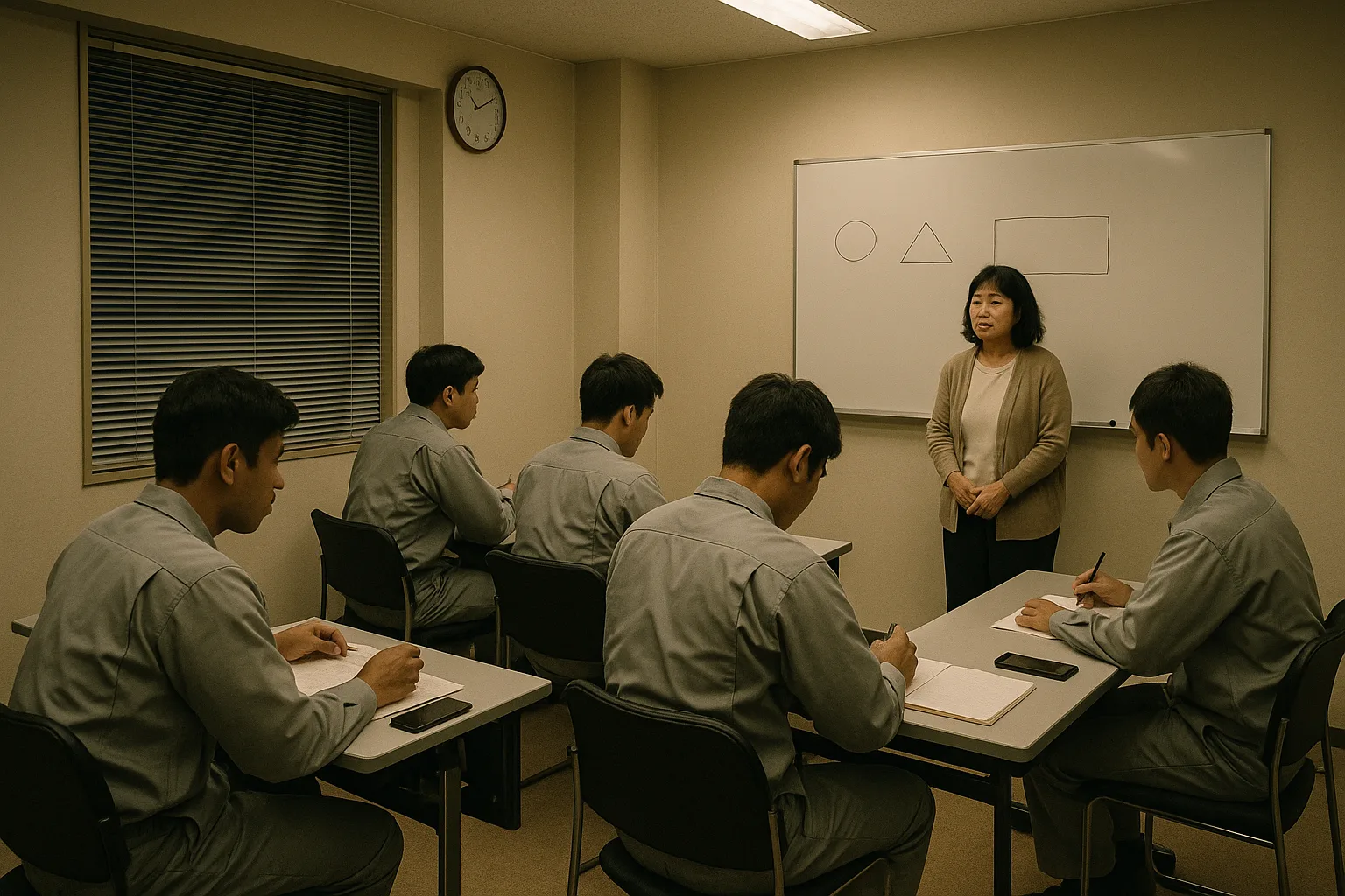 会議室を使った教室で、作業着の社員5人が机に向かい、日本人の講師がホワイトボードの前に立っている