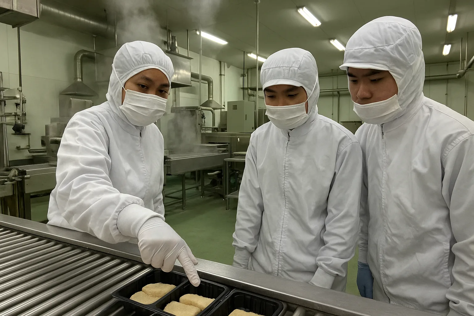 食品工場で、白い衛生服とマスクの女性が、新しく入った2人に包装のしかたを教えている