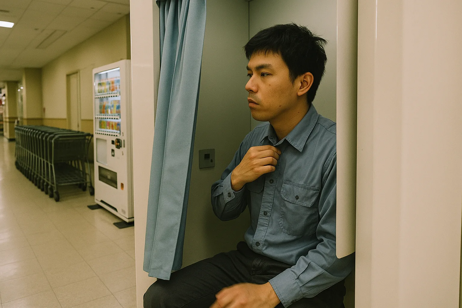 スーパーの通路にある証明写真機のカーテンを開けて、外国人の男性が襟を直している
