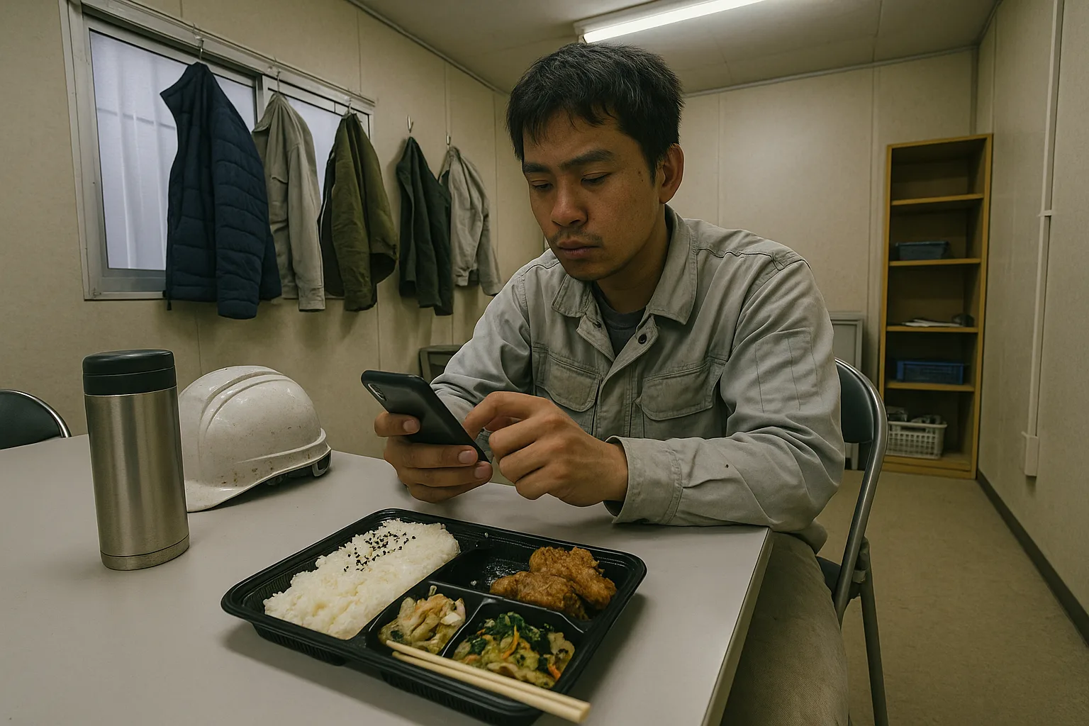 現場の休憩室で、作業着の外国人の社員が弁当を前にスマホで勉強している