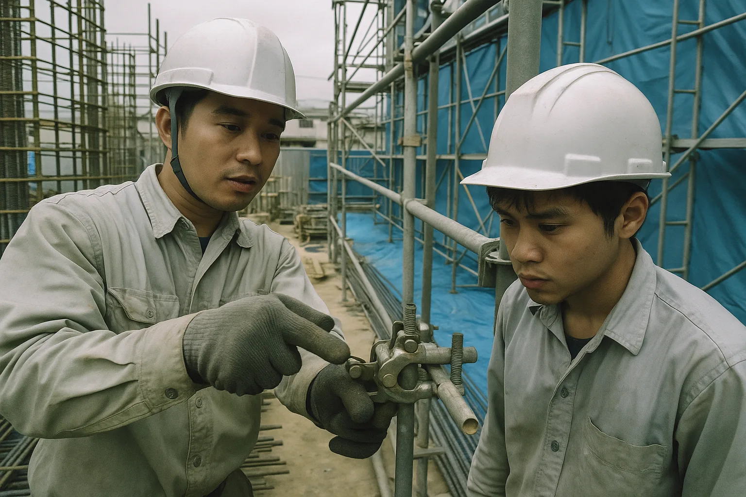 建設現場で、ヘルメットをかぶった外国人の社員が、年下の社員に足場の金具の留め方を教えている
