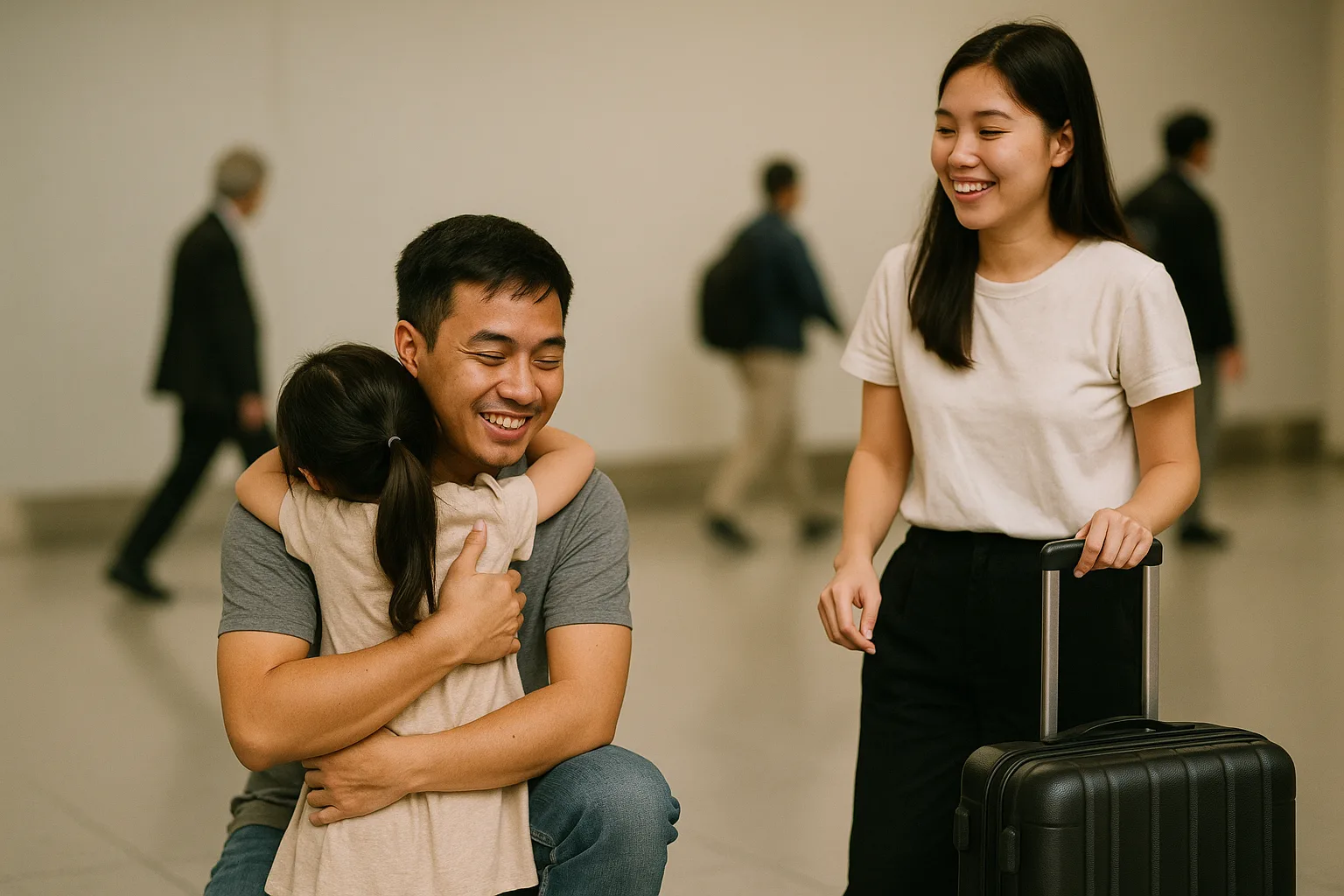 空港の到着ロビーで、男性が膝をついて娘を抱きしめ、スーツケースを持った妻が笑っている