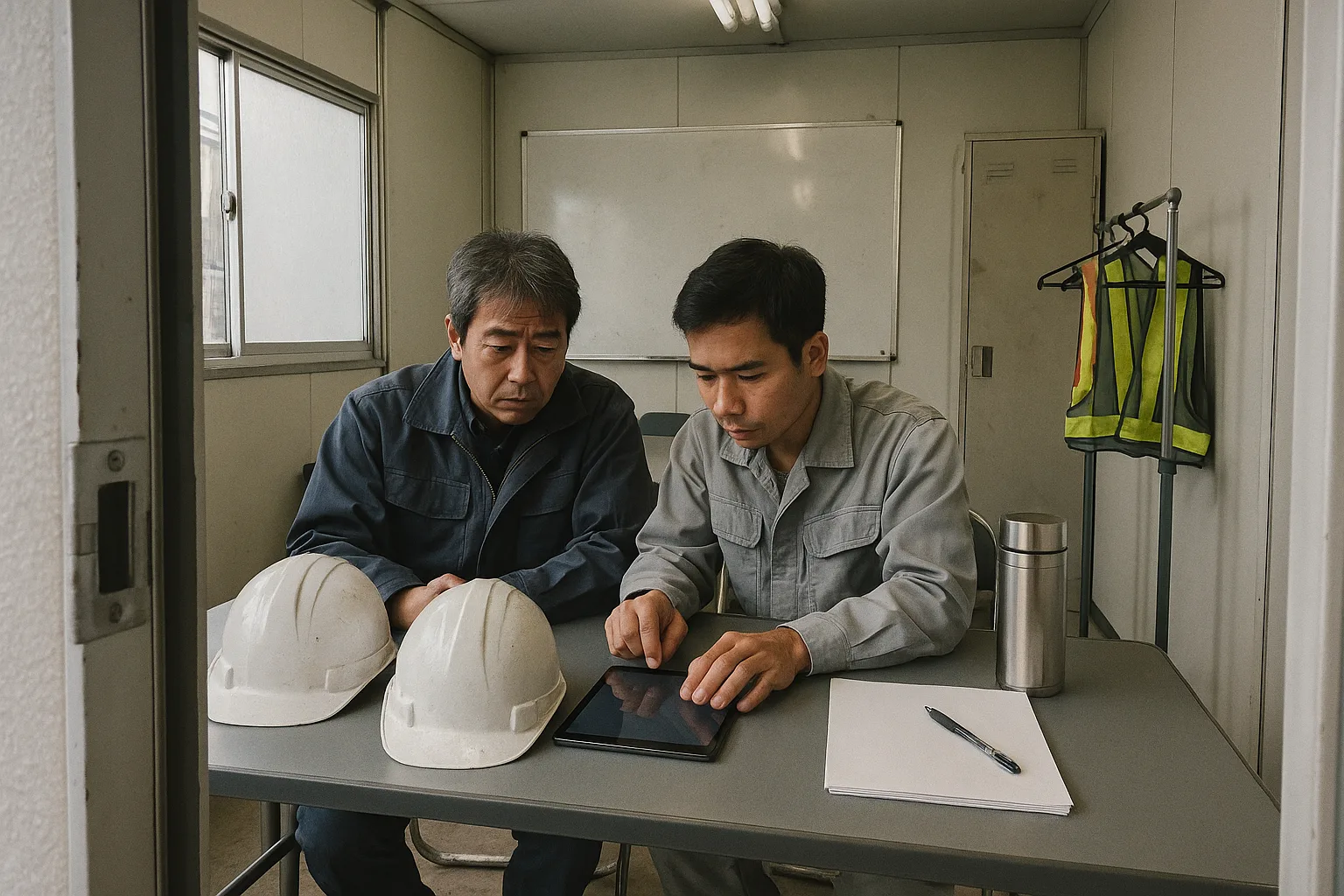 建設現場の詰所で、日本人の職長と外国人の作業員が折りたたみ机に置いたタブレットを一緒にのぞき込んでいる