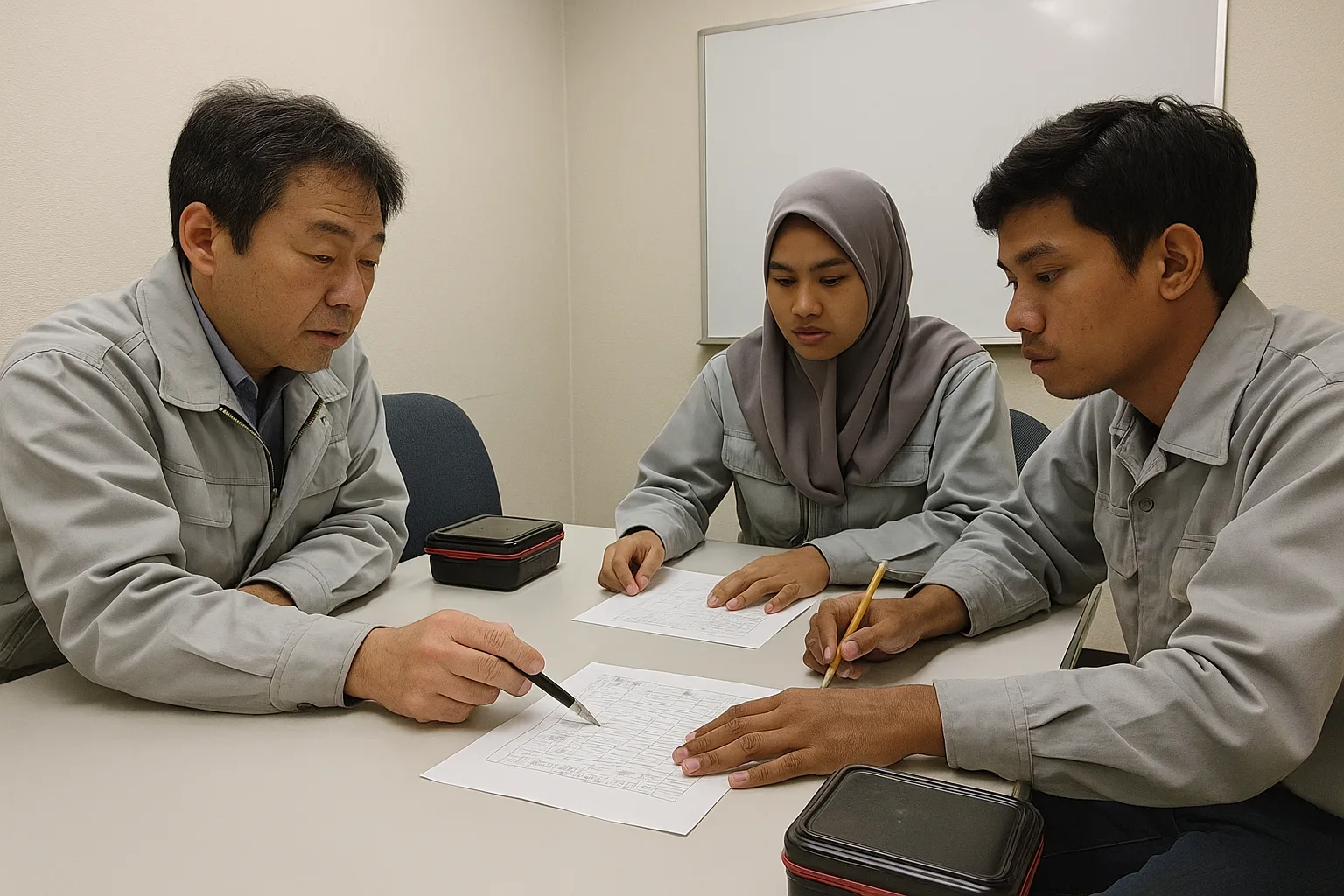工場の事務所の会議室で、作業着の日本人の男性がプリントをペンで指し、ヒジャブの女性と、鉛筆を持った男性の外国人社員がのぞき込んでいる