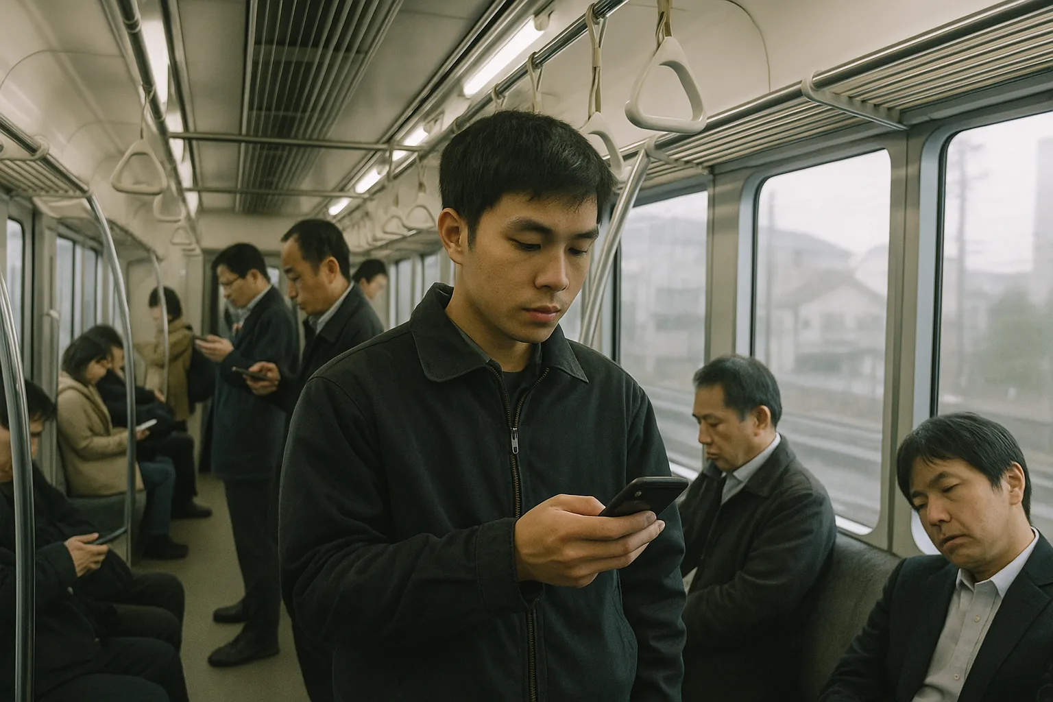 朝の通勤電車で、立っている外国人の若い男性が、片手に持ったスマホを見下ろしている