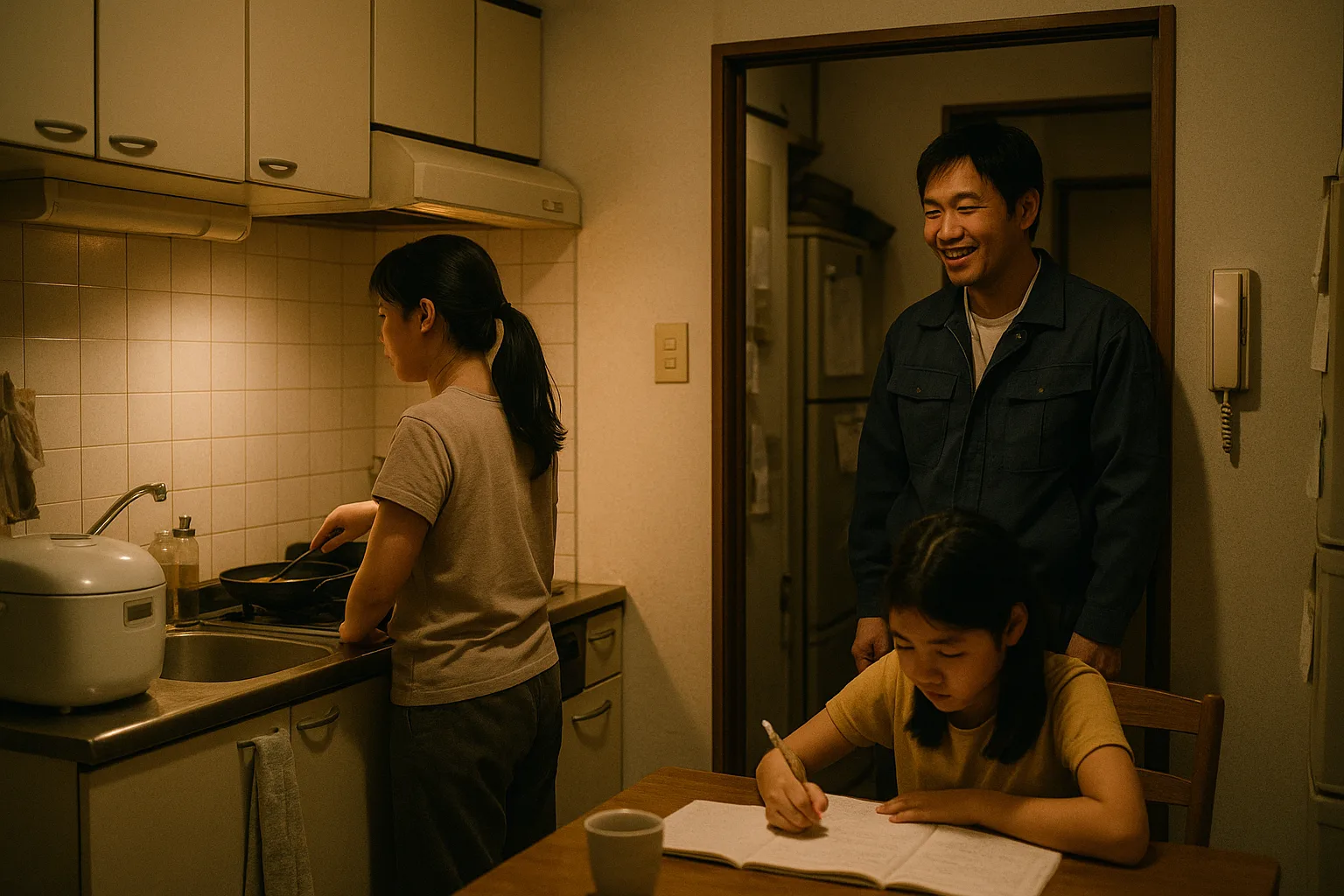アパートの台所で母親が料理をし、娘が食卓で宿題をしていて、仕事から帰った父親が笑顔で見ている