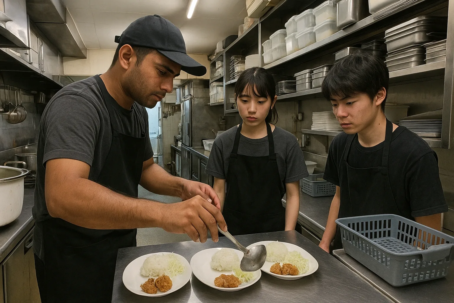 飲食店の厨房で、黒い帽子とエプロンの外国人の男性が、アルバイトの若い男女2人に料理の盛り付けを見せている