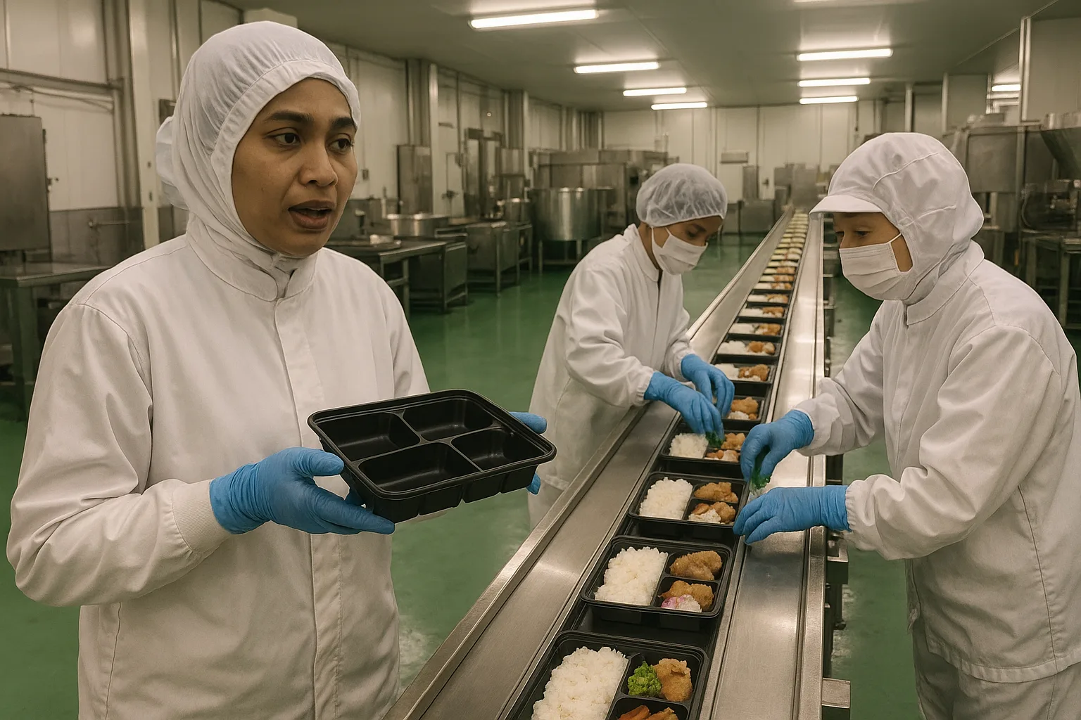 弁当工場のコンベアの横で、白い作業着の外国人の女性が空の容器を手に話し、同僚2人が弁当におかずを詰めている