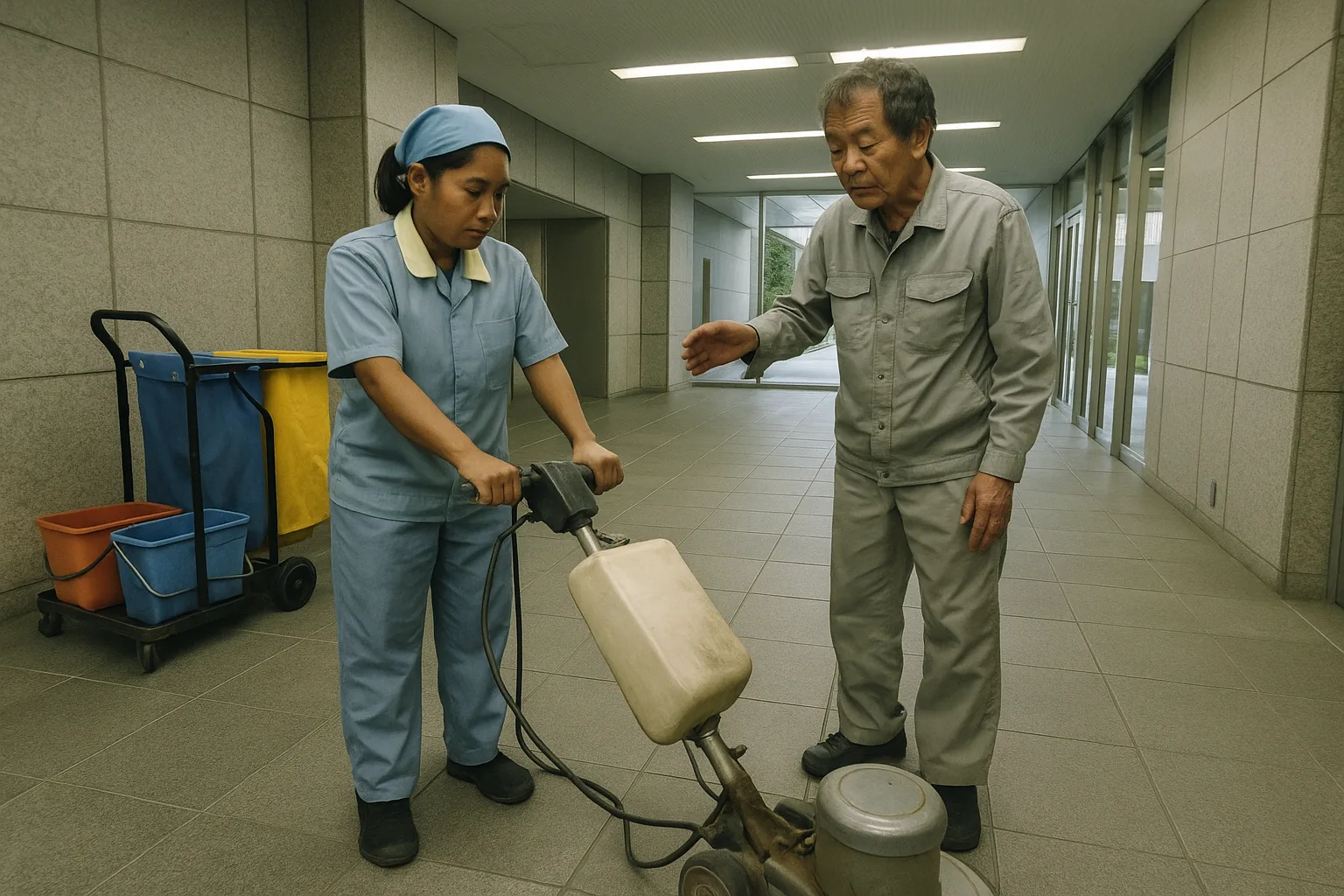 ビルのロビーで、清掃の制服を着た女性が床磨きの機械を使い、年配の先輩が横で助言している